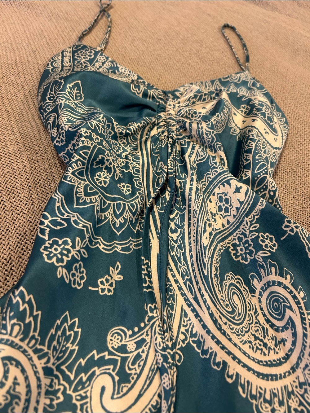 Timing Teal and Cream Paisley with Drawstring mini dress